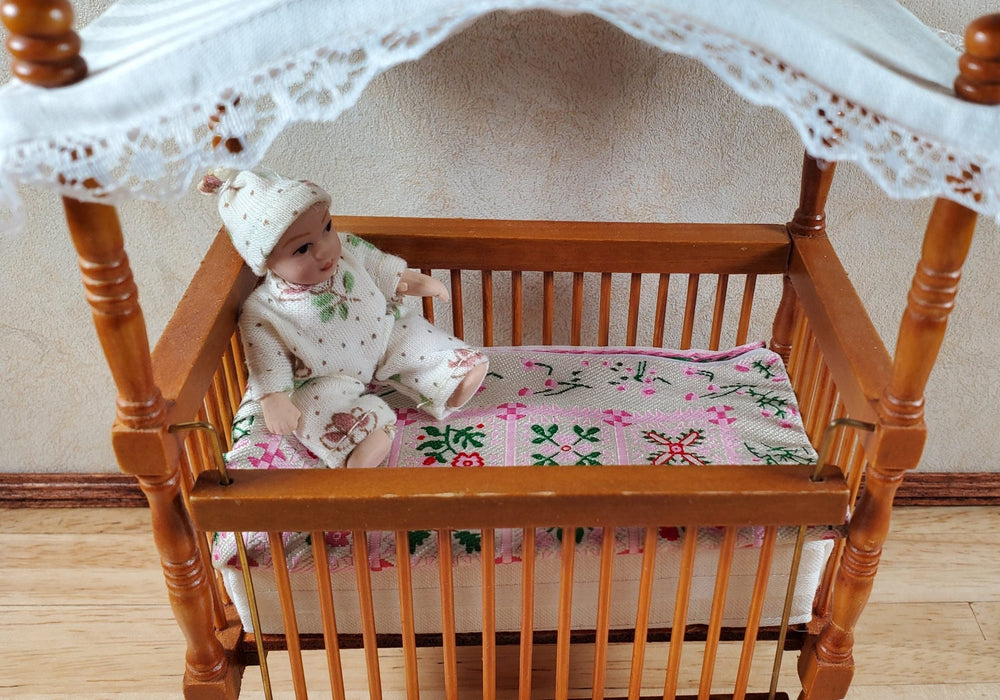 Dollhouse Blanket or Rug Carpet Pink Beige Green Woven Fabric 1:12 Scale Miniature - MiniatureCrush