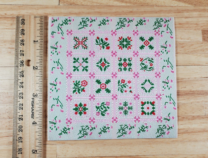 Dollhouse Blanket or Rug Carpet Pink Beige Green Woven Fabric 1:12 Scale Miniature - MiniatureCrush