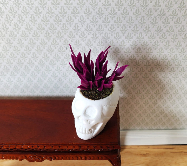 Dollhouse Blood Amaranth in a Large White Skull Planter Pot 1:12 Scale Miniature - MiniatureCrush