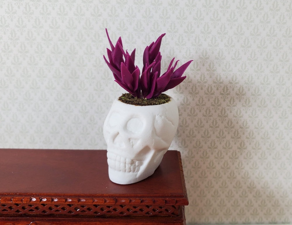 Dollhouse Blood Amaranth in a Large White Skull Planter Pot 1:12 Scale Miniature - MiniatureCrush