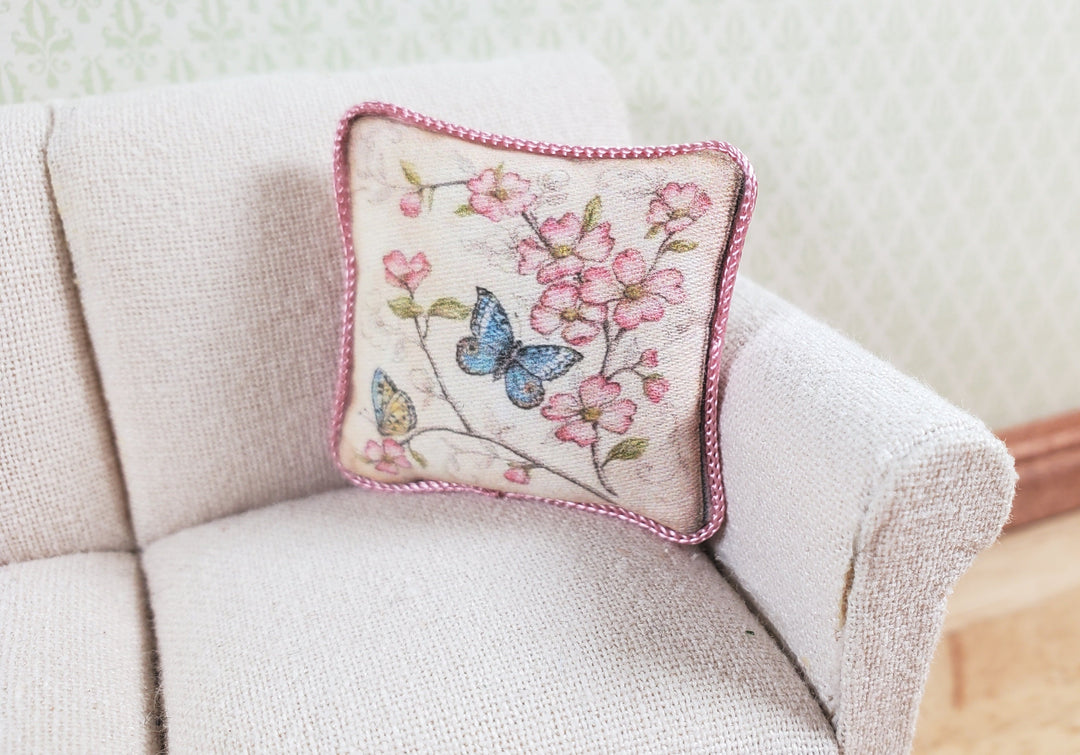 Dollhouse Blue Butterfly Pillow Lavender Trim Handmade 1:12 Scale Miniature - MiniatureCrush