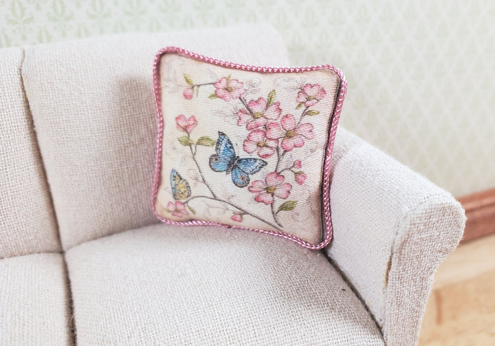 Dollhouse Blue Butterfly Pillow Lavender Trim Handmade 1:12 Scale Miniature - MiniatureCrush