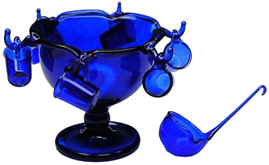 Dollhouse Blue Glass Punch Bowl with Cups & Ladle 1:12 Scale Miniature Kitchen - MiniatureCrush