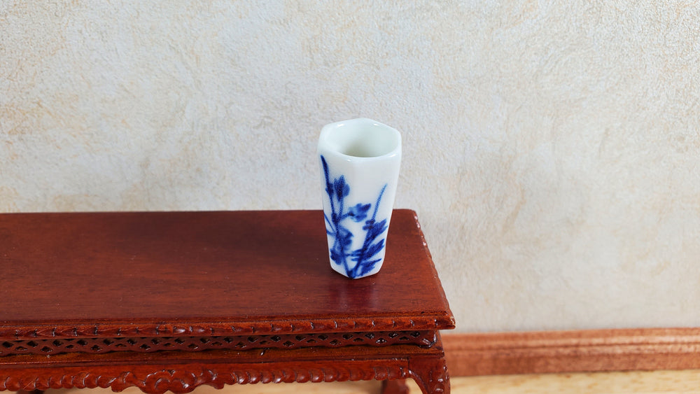 Dollhouse Blue & White Decorative Vase for Flowers Hexagon 1:12 Scale Miniature - MiniatureCrush