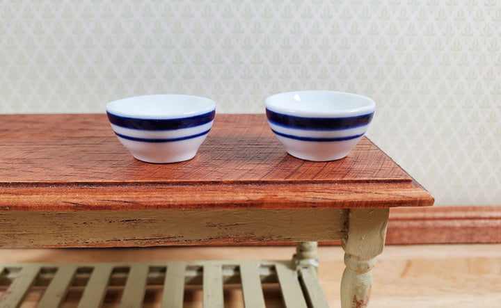 Dollhouse Bowl White with Blue Stripes Ceramic Set of 2 1:12 Scale Miniature - MiniatureCrush