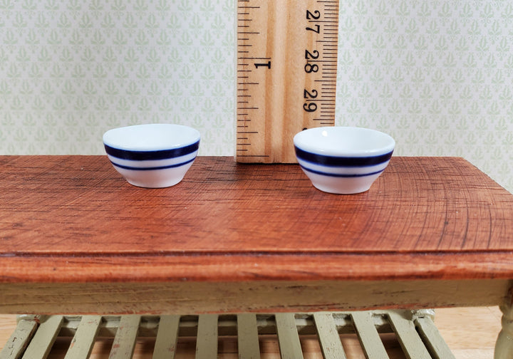 Dollhouse Bowl White with Blue Stripes Ceramic Set of 2 1:12 Scale Miniature - MiniatureCrush