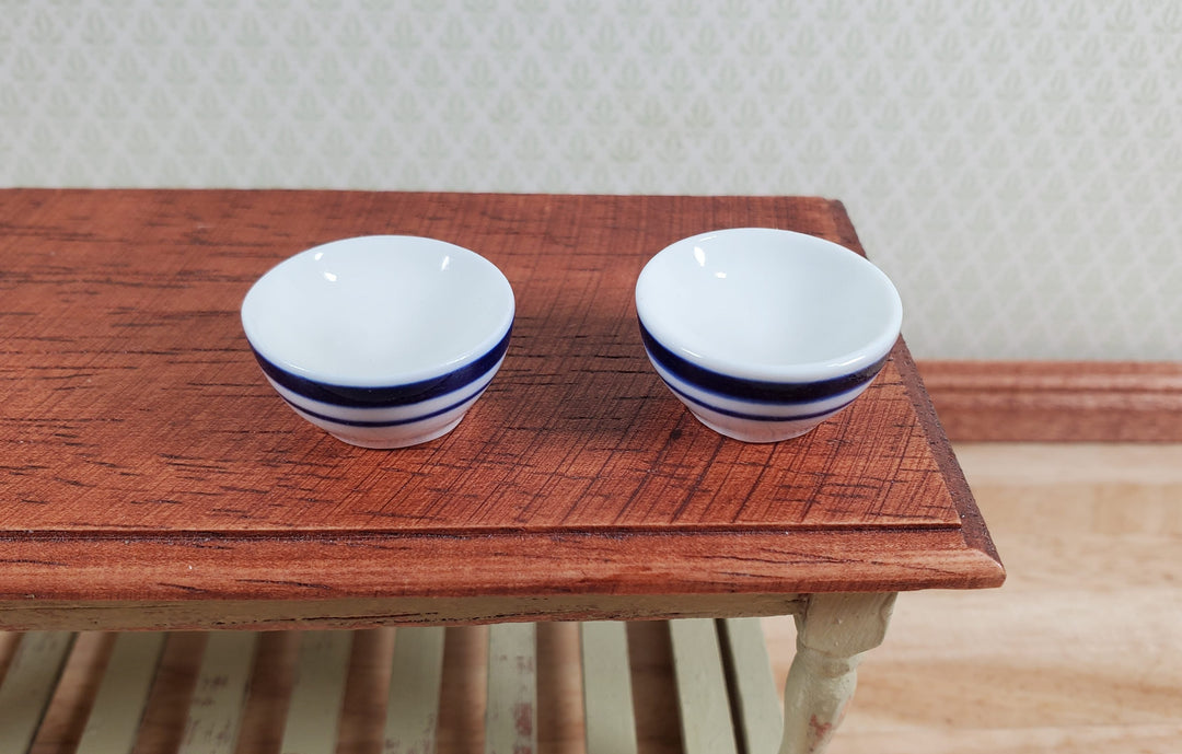 Dollhouse Bowl White with Blue Stripes Ceramic Set of 2 1:12 Scale Miniature - MiniatureCrush