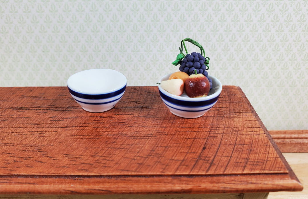 Dollhouse Bowl White with Blue Stripes Ceramic Set of 2 1:12 Scale Miniature - MiniatureCrush
