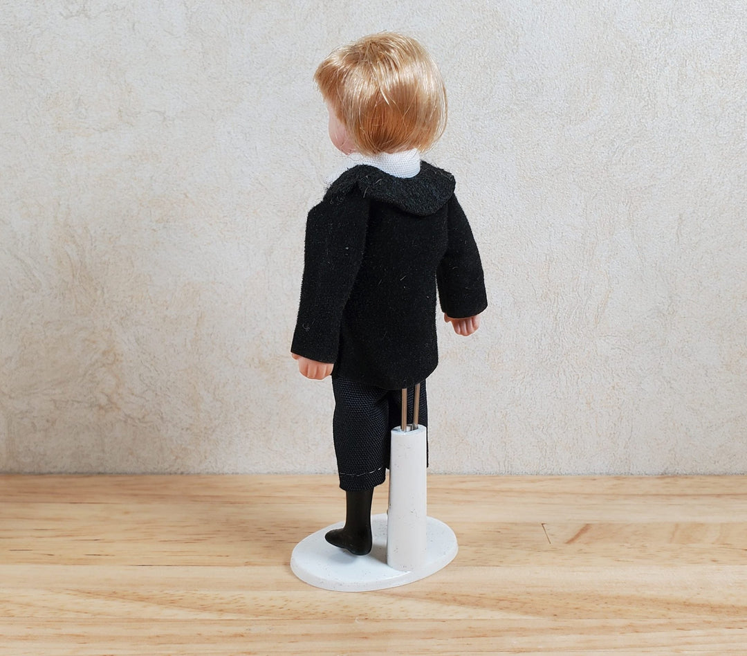 Dollhouse Boy in Black Suit & Tie Son Doll Porcelain Semi - Poseable 1:12 Scale - MiniatureCrush
