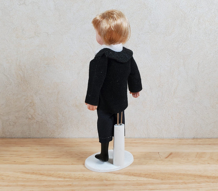 Dollhouse Boy in Black Suit & Tie Son Doll Porcelain Semi - Poseable 1:12 Scale - MiniatureCrush