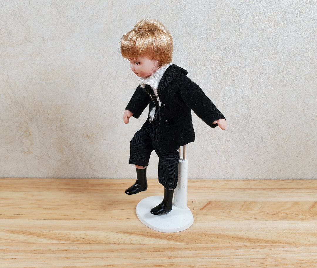 Dollhouse Boy in Black Suit & Tie Son Doll Porcelain Semi - Poseable 1:12 Scale - MiniatureCrush