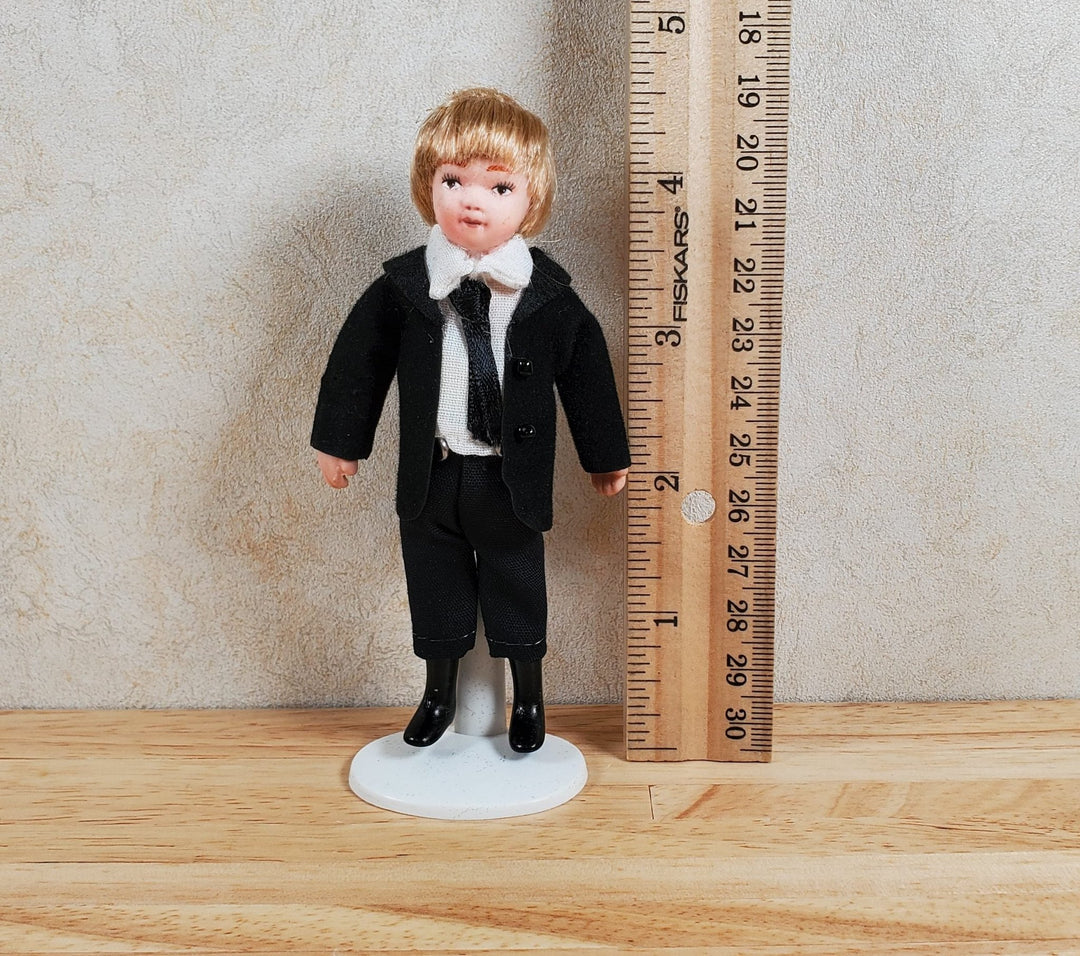 Dollhouse Boy in Black Suit & Tie Son Doll Porcelain Semi - Poseable 1:12 Scale - MiniatureCrush