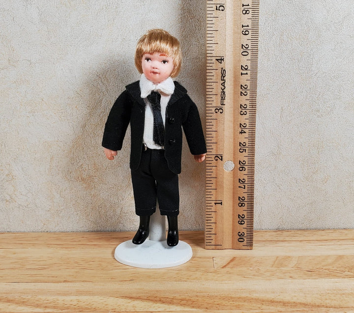 Dollhouse Boy in Black Suit & Tie Son Doll Porcelain Semi - Poseable 1:12 Scale - MiniatureCrush