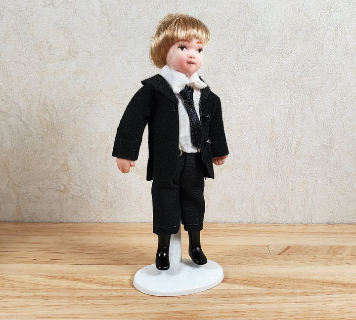 Dollhouse Boy in Black Suit & Tie Son Doll Porcelain Semi - Poseable 1:12 Scale - MiniatureCrush