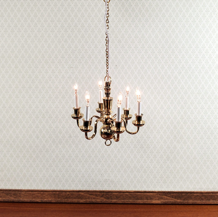 Dollhouse Brass Chandelier 6 Arm 12 Volt Electric 1:12 Scale Miniature - MiniatureCrush