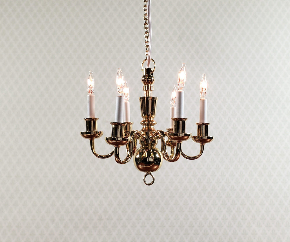 Dollhouse Brass Chandelier 6 Arm 12 Volt Electric 1:12 Scale Miniature - MiniatureCrush