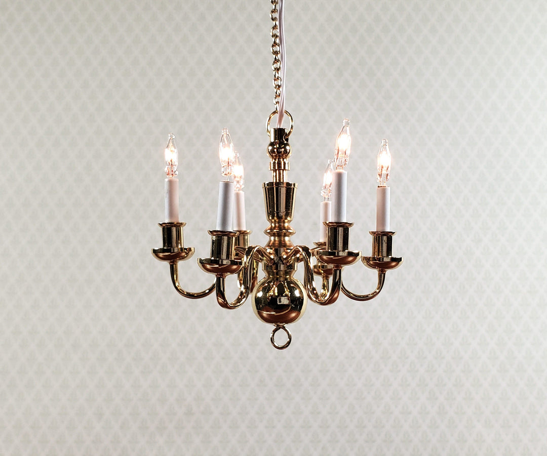 Dollhouse Brass Chandelier 6 Arm 12 Volt Electric 1:12 Scale Miniature - MiniatureCrush