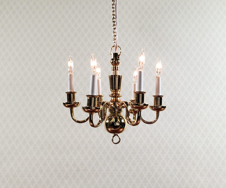 Dollhouse Brass Chandelier 6 Arm 12 Volt Electric 1:12 Scale Miniature - MiniatureCrush