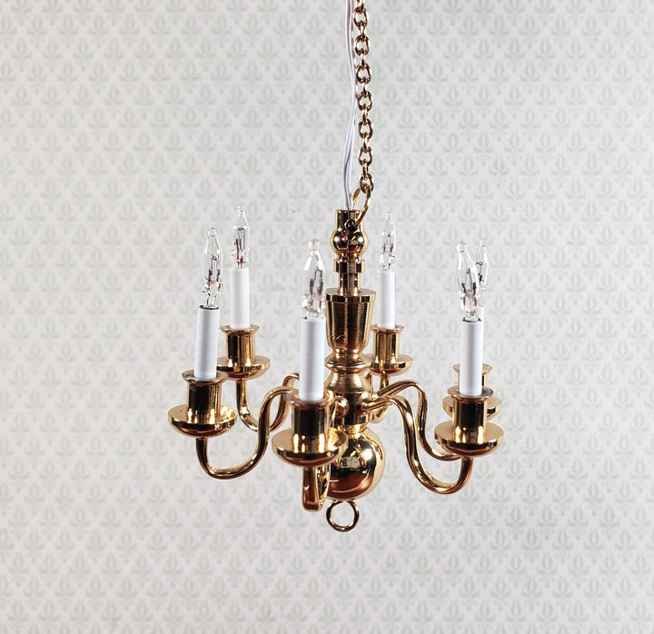 Dollhouse Brass Chandelier 6 Arm 12 Volt Electric 1:12 Scale Miniature - MiniatureCrush