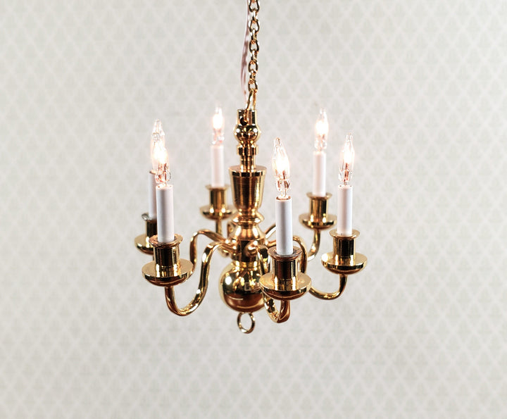 Dollhouse Brass Chandelier 6 Arm 12 Volt Electric 1:12 Scale Miniature - MiniatureCrush