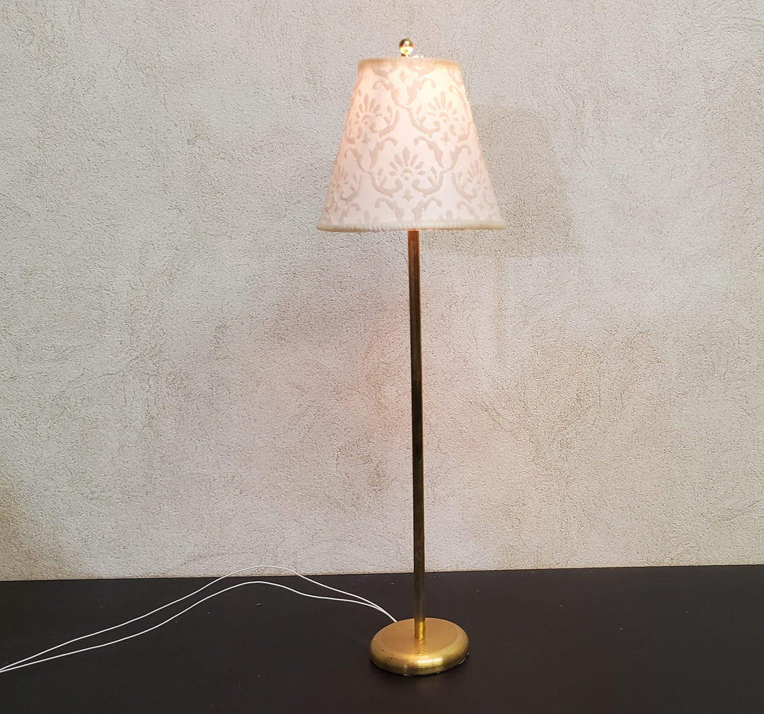 Dollhouse Brass Floor Lamp Embossed Cream Shade 12 Volt Wired 1:12 Miniature - MiniatureCrush
