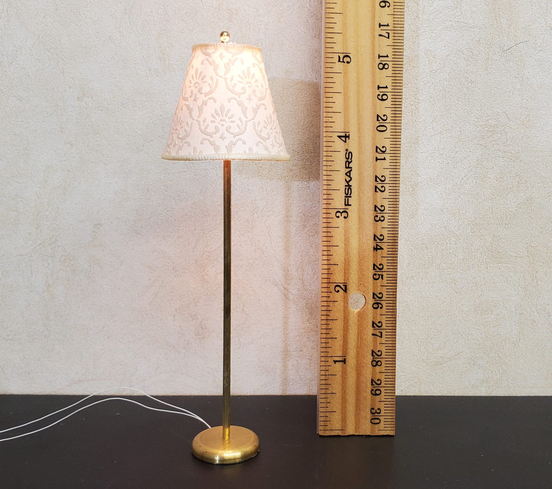 Dollhouse Brass Floor Lamp Embossed Cream Shade 12 Volt Wired 1:12 Miniature - MiniatureCrush