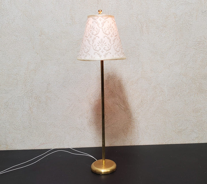 Dollhouse Brass Floor Lamp Embossed Cream Shade 12 Volt Wired 1:12 Miniature - MiniatureCrush