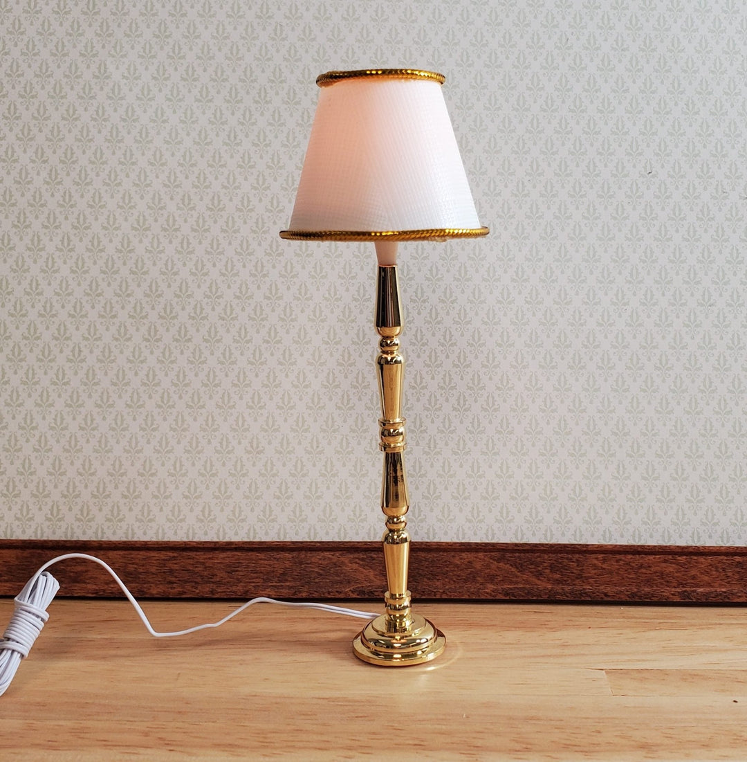 Dollhouse Brass Floor Lamp White Shade 12 Volt with Plug 1:12 Scale HW2718 - MiniatureCrush