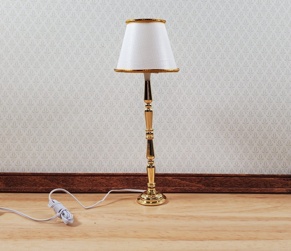 Dollhouse Brass Floor Lamp White Shade 12 Volt with Plug 1:12 Scale HW2718 - MiniatureCrush