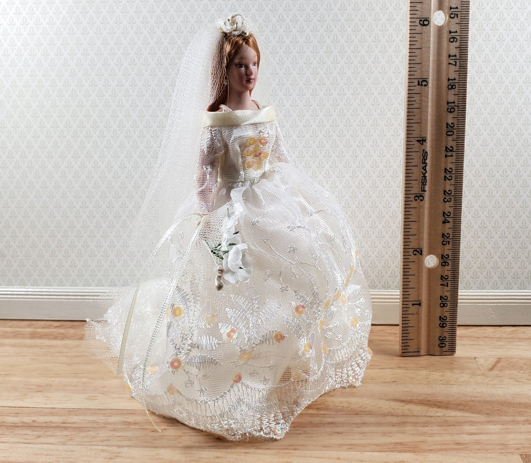 Dollhouse Bride in Wedding Dress Veil Doll Porcelain Female Woman 1:12 Scale - Miniature Crush