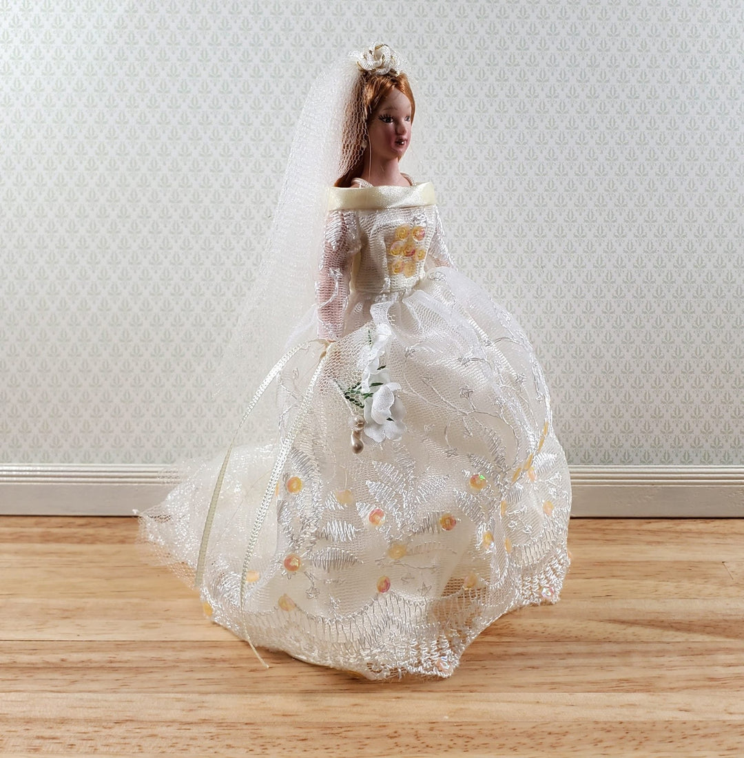 Dollhouse Bride in Wedding Dress Veil Doll Porcelain Female Woman 1:12 Scale - Miniature Crush