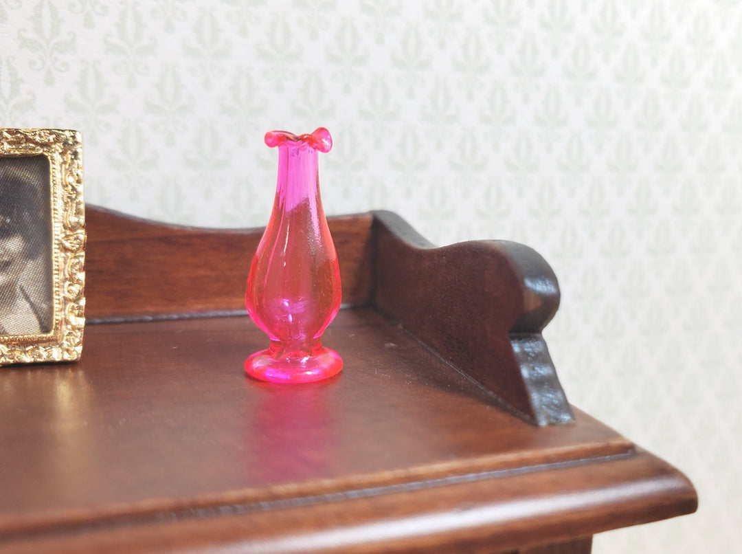 Dollhouse Bright Pink Glass Pedestal Fluted Vase 1:12 Scale Miniature Decoration - MiniatureCrush