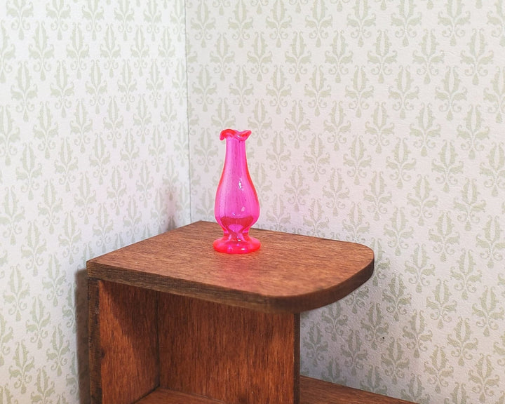 Dollhouse Bright Pink Glass Pedestal Fluted Vase 1:12 Scale Miniature Decoration - MiniatureCrush