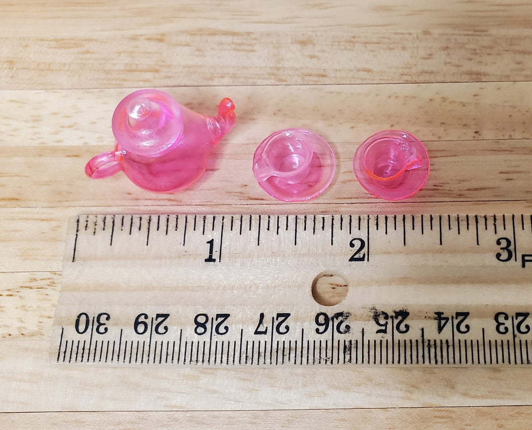 Dollhouse Bright Pink Glass Tea Set Teapot Teacups and Saucers 1:12 Scale - MiniatureCrush
