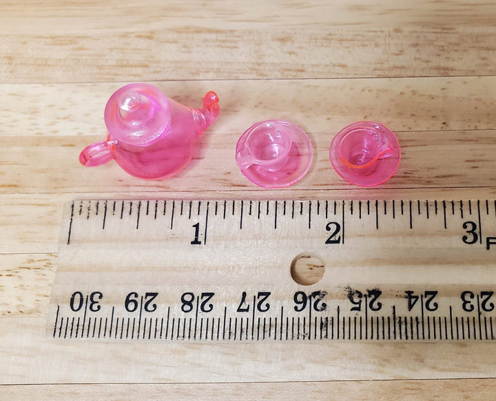 Dollhouse Bright Pink Glass Tea Set Teapot Teacups and Saucers 1:12 Scale - MiniatureCrush