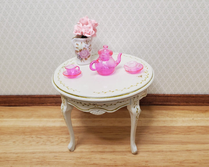 Dollhouse Bright Pink Glass Tea Set Teapot Teacups and Saucers 1:12 Scale - MiniatureCrush