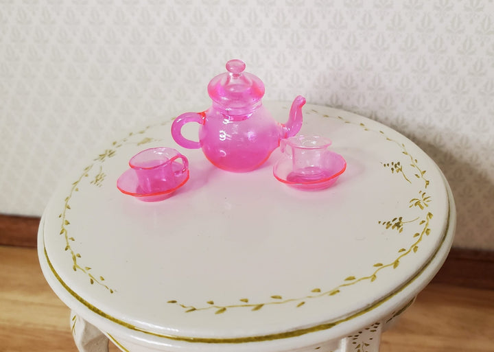 Dollhouse Bright Pink Glass Tea Set Teapot Teacups and Saucers 1:12 Scale - MiniatureCrush