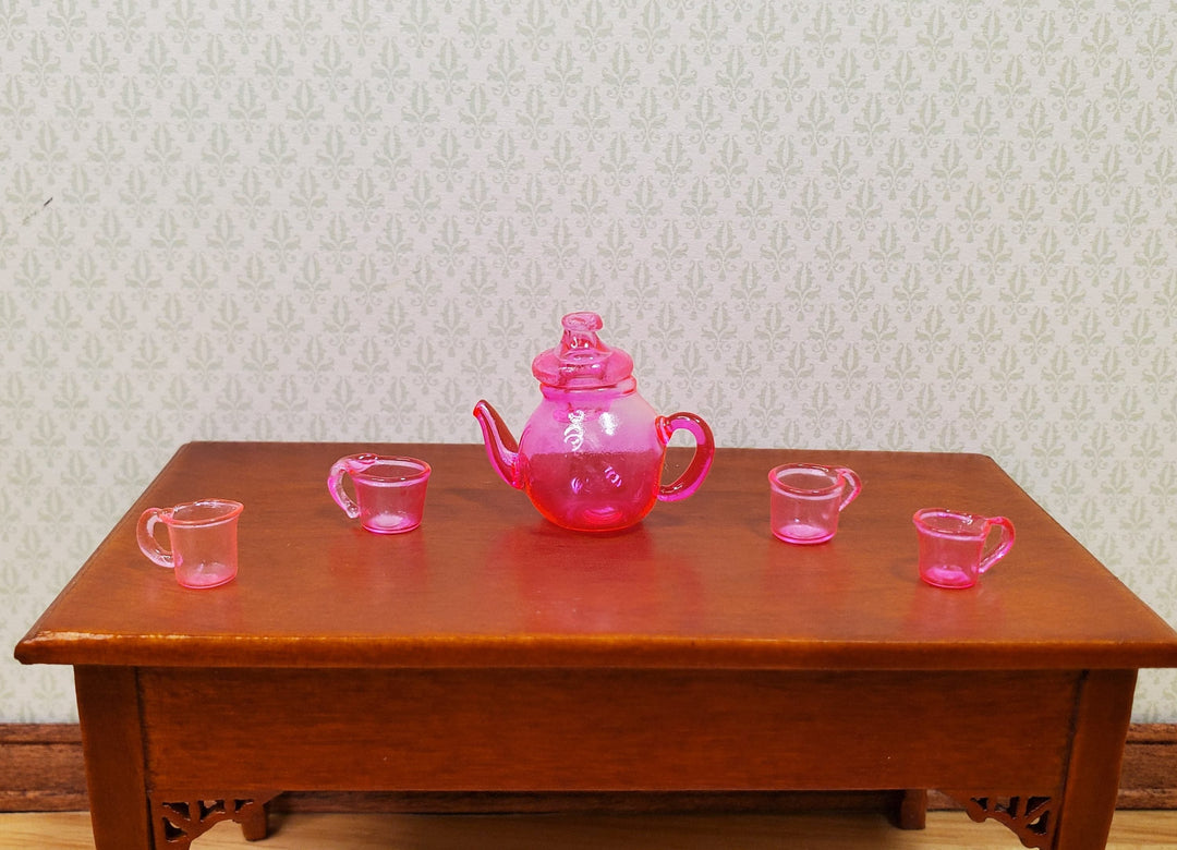 Dollhouse Bright Pink Glass Tea Set Teapot with 4 Teacups 1:12 Scale - MiniatureCrush