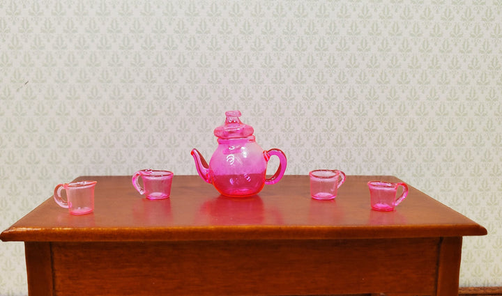 Dollhouse Bright Pink Glass Tea Set Teapot with 4 Teacups 1:12 Scale - MiniatureCrush