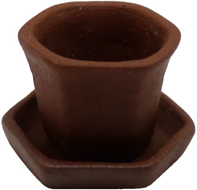 Dollhouse Brown Hexagonal Terra Cotta Planter with Saucer 1:12 Scale Miniature - MiniatureCrush