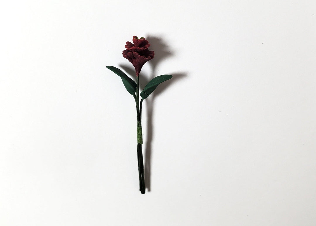 Dollhouse Burgundy Zinnia Single Long Stem with Foliage 1:12 Scale Miniature - MiniatureCrush