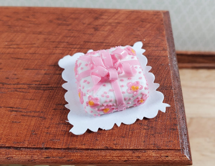 Dollhouse Cake Pink & White with Flowers Bow 1:12 Scale Miniature Food Bakery - Miniature Crush