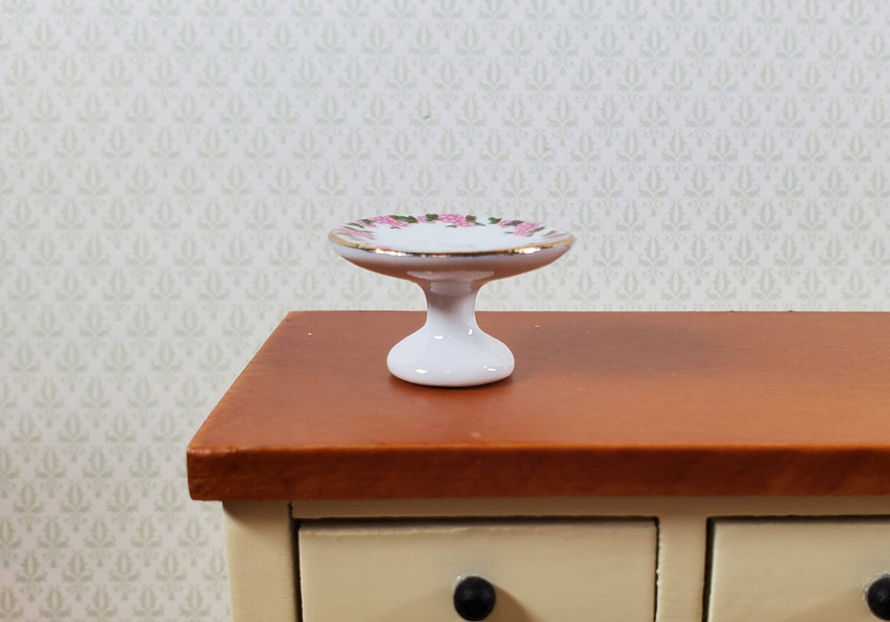 Dollhouse Cake Stand Plate Ceramic White Pink & Gold 1:12 Scale Miniatures - Miniature Crush