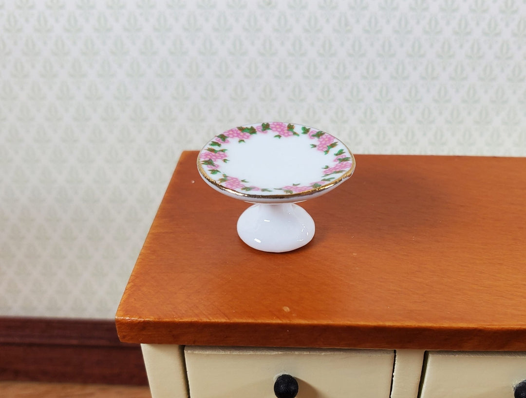 Dollhouse Cake Stand Plate Ceramic White Pink & Gold 1:12 Scale Miniatures - Miniature Crush