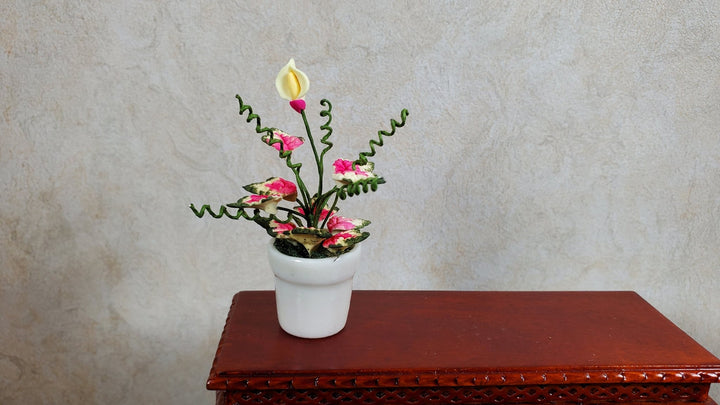 Dollhouse Caladium with Bud Variegated Leaves in White Pot 1:12 Scale Miniature - MiniatureCrush