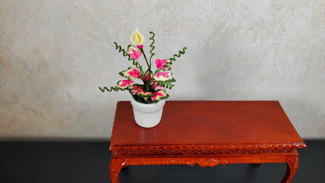 Dollhouse Caladium with Bud Variegated Leaves in White Pot 1:12 Scale Miniature - MiniatureCrush