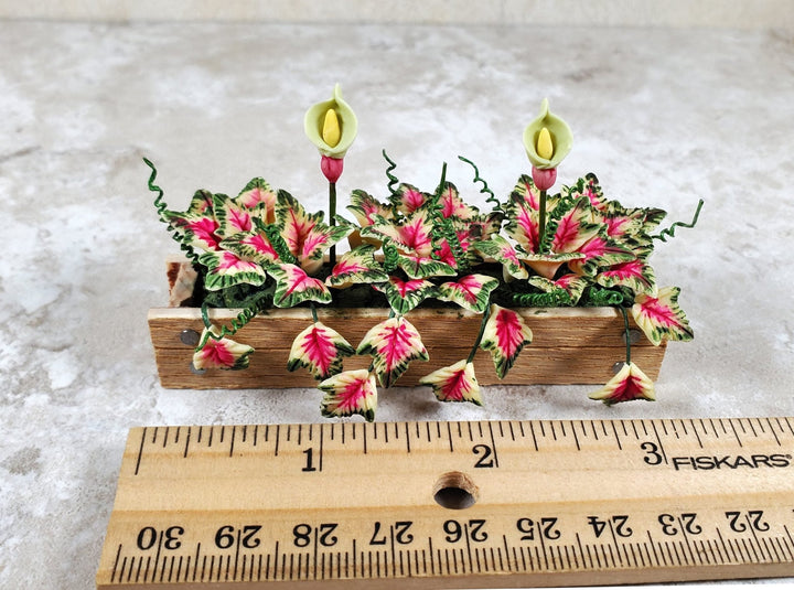 Dollhouse Caladiums in a 3.25" Wooden Window Box Planter 1:12 Scale Miniature - MiniatureCrush