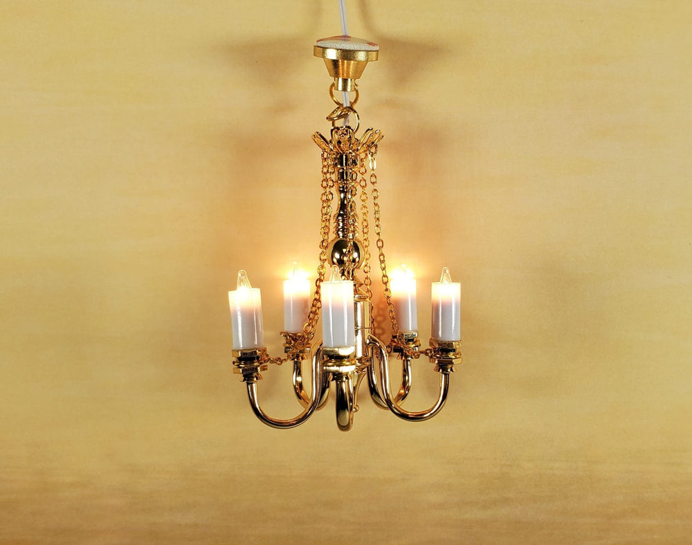 Dollhouse Candle Chandelier Gold 5 Arm 1:12 Scale Miniature 12 Volt with Plug - Miniature Crush