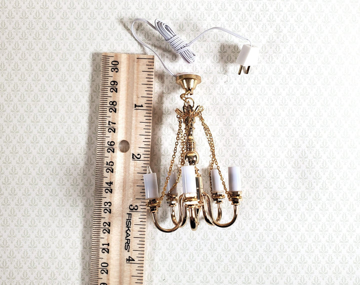 Dollhouse Candle Chandelier Gold 5 Arm 1:12 Scale Miniature 12 Volt with Plug - Miniature Crush