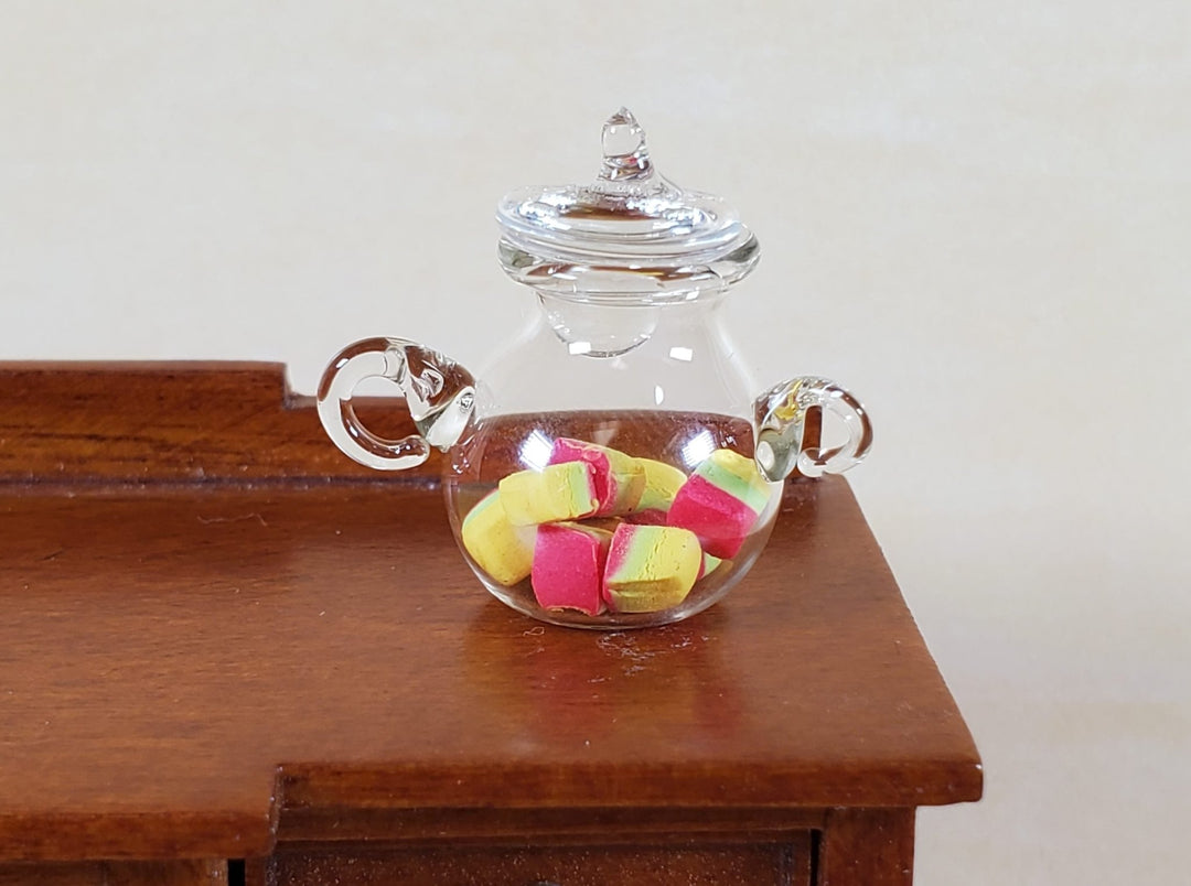 Dollhouse Candy Jar with Treats Inside Handles and Lid Clear Glass Pot Belly - Miniature Crush